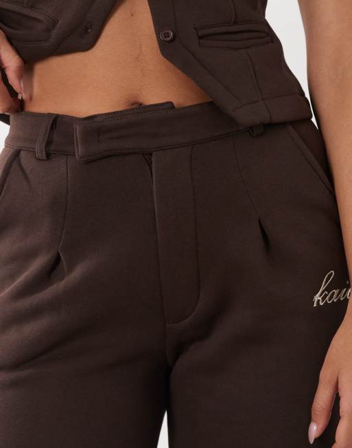 Kaiia - Joggers in misto cotone color cioccolato con pinces e fondo ampio in coordinato, 4 di 5