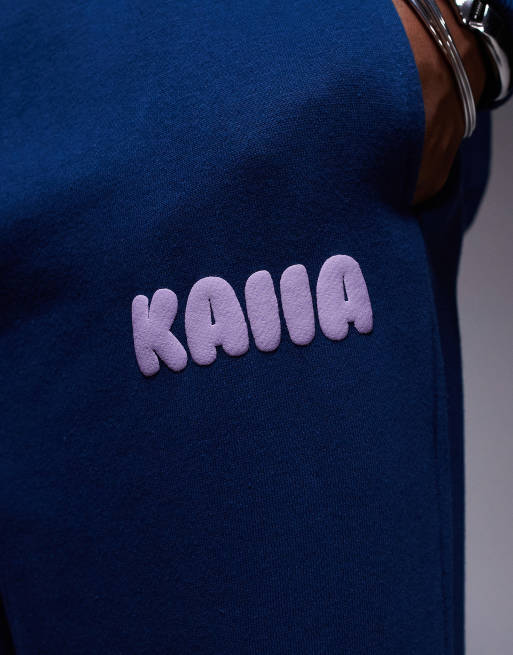 Kaiia - Joggers in misto cotone con fondo ampio color cobalto con logo in coordinato    , 4 di 5