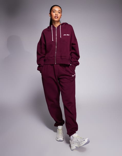 Kaiia - Joggingbroek met boorden en geborduurd logo in bordeauxrood en roze - view 1