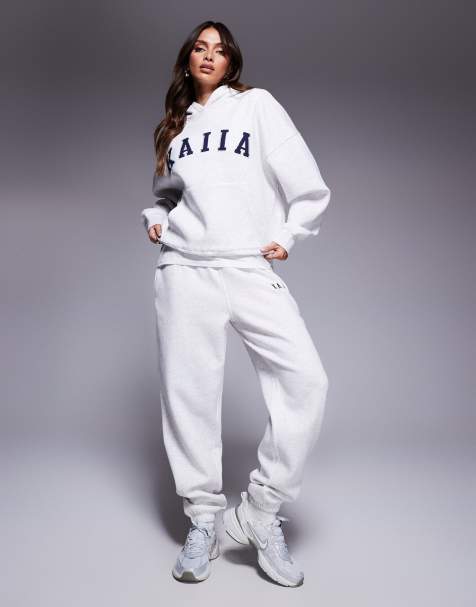 Kaiia - Joggingbroek van katoenmix met geborduurd logo en aansluitende boorden in gemêleerd lichtgrijs, deel van co-ord set - view 1