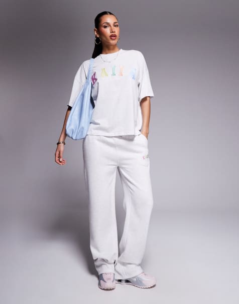 Kaiia – Jogginghose aus Baumwollmix in Grau meliert mit weitem Bein und aufgesticktem Regenbogen-Logo, Kombiteil - view 1