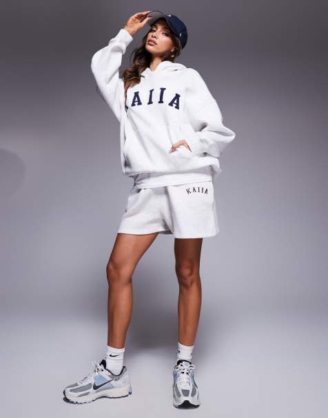 Kaiia - Joggingshorts i meleret lysegrå bomuldsblanding med logobrodering - Del af sæt - view 1