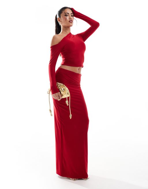 Kaiia - Jupe d'ensemble droite et longue avec taille repliée et froncée - Rouge