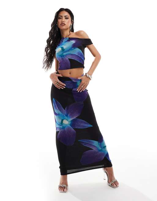 Kaiia - Jupe longue d'ensemble en tulle coupe droite à fleurs - Noir et bleu