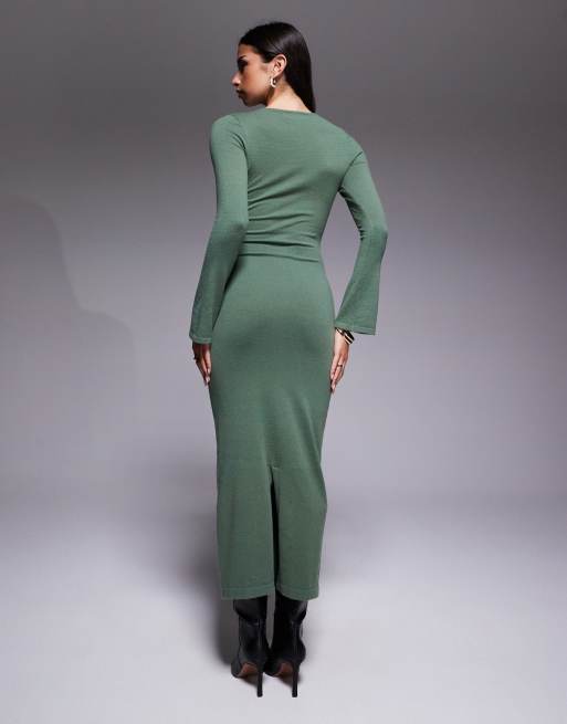 Kaiia – Kakifärgad, stickad maxiklänning i bodycon-modell med utsvängda ärmar, 3 av 4