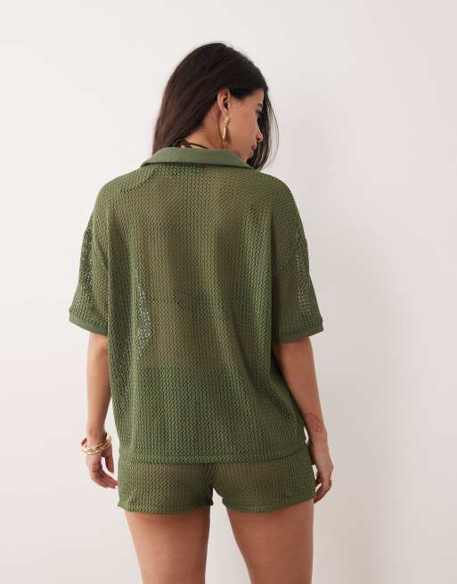 Kaiia - Kakigrøn oversized polotop med hæklet kravedetalje - Del af sæt - Kun hos ASOS, 4 af 4