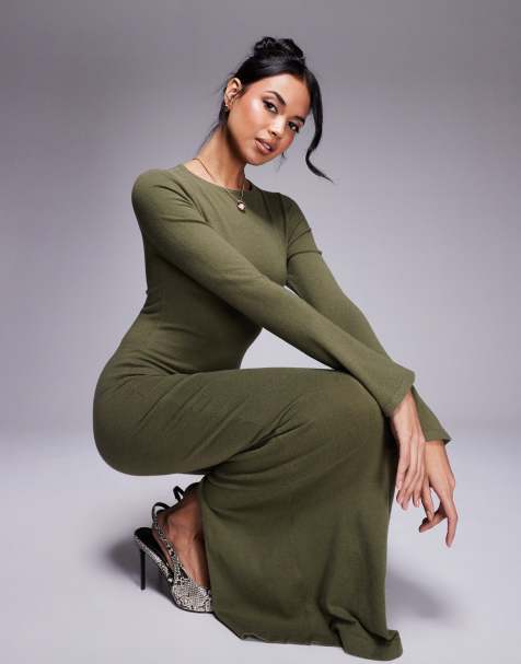 Kaiia - Kakigrøn strikket bodycon-maxikjole med ærmer med svaj - Kun hos ASOS - view 1