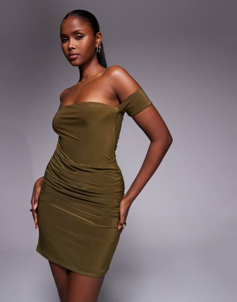 Kaiia - Kakigrøn tætsiddende bardot-minikjole med dobbeltlag - Kun hos ASOS - view 1