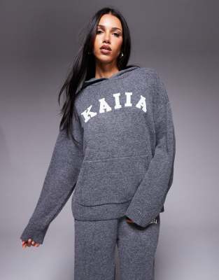 Kaiia - Kapuzenpullover aus Strick in Anthrazit mit Logo-Stickerei, Kombiteil-Grau