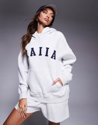 Kaiia - Kapuzenpullover in meliertem Hellgrau mit Logo-Stickerei, Kombiteil