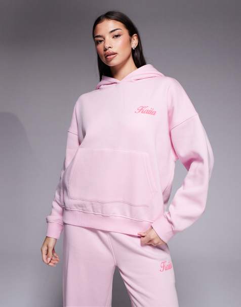 Kaiia - Katoenrijke oversized hoodie met bolle vlinderprint op de achterkant in babyroze en koraal, deel van co-ord set - view 1