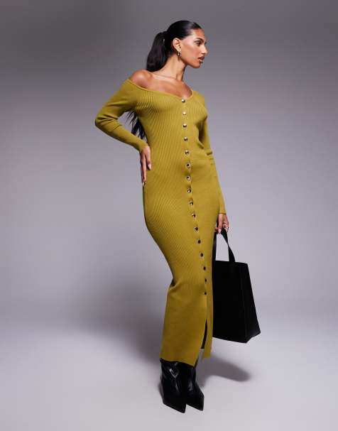 Kaiia knit asymmetric neckline button up maxi dress in olive - view 1