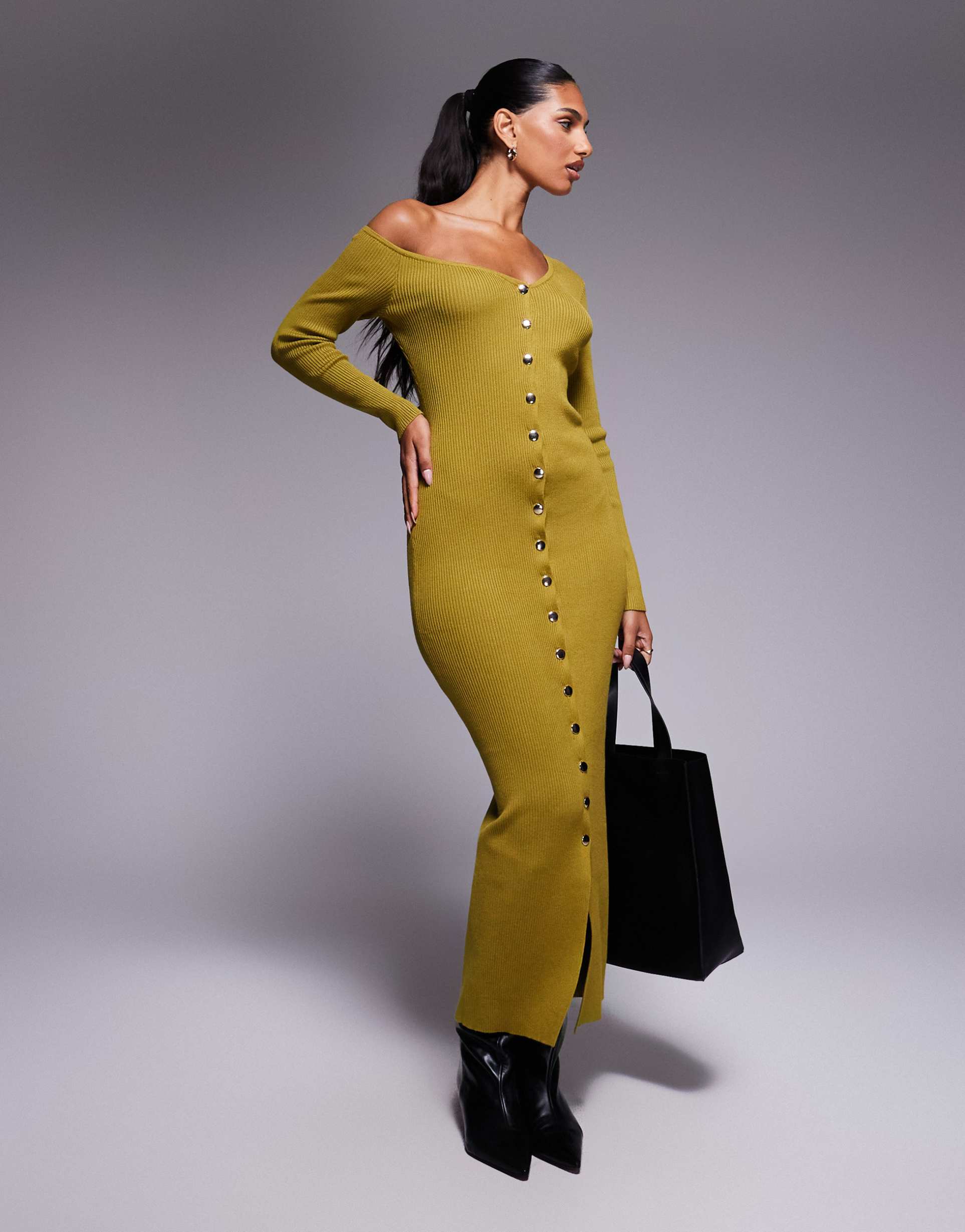 kaiia knit asymmetric neckline button up maxi dress in olive