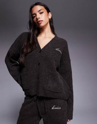 Kaiia Knit Embroidered Logo Button Through Cardigan In Blue