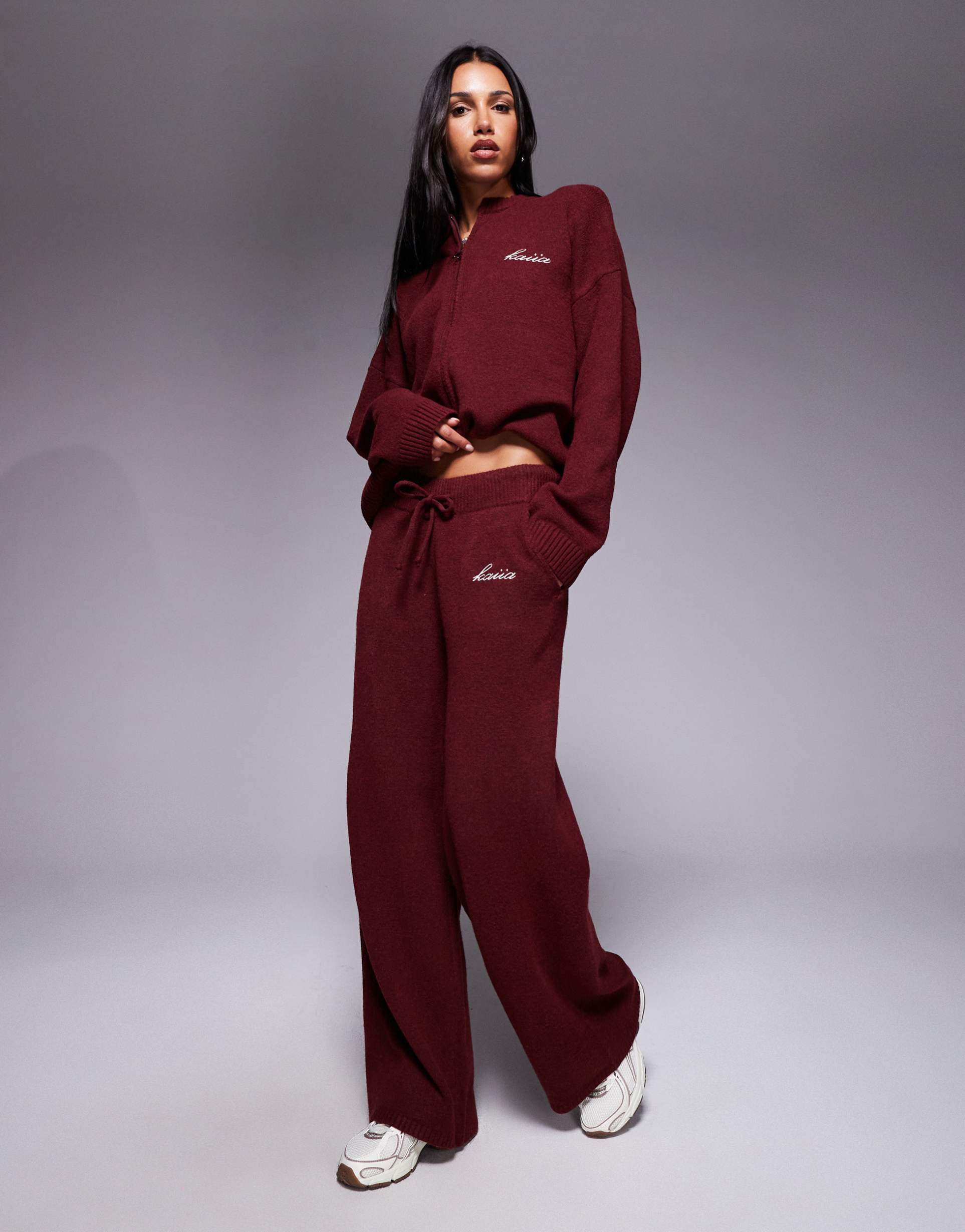 kaiia knit embroidered logo detail wide leg pants in cherry - part of a set