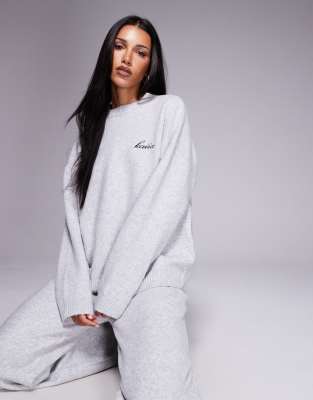 Kaiia Knit Embroidered Logo Drop Shoulder Crew Neck Sweater In Gray