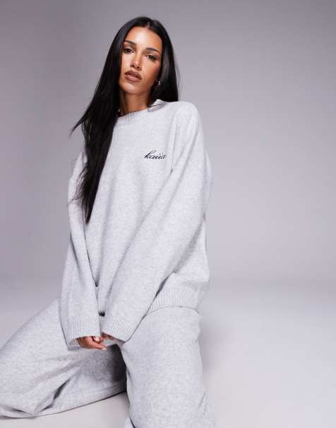 Kaiia knit embroidered logo drop shoulder crew neck sweater in light gray - part of a set - view 1