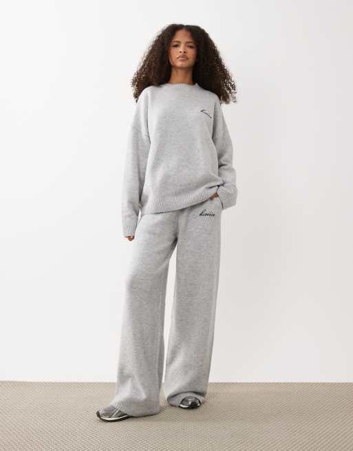 Kaiia knit embroidered logo drop shoulder crew neck sweater in light gray - part of a set, 3 of 5