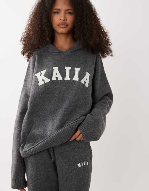 Kaiia knit embroidered logo hoodie in charcoal - part of a set, 3 of 5
