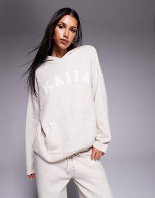 Kaiia Knit Embroidered Logo Hoodie In Neutral
