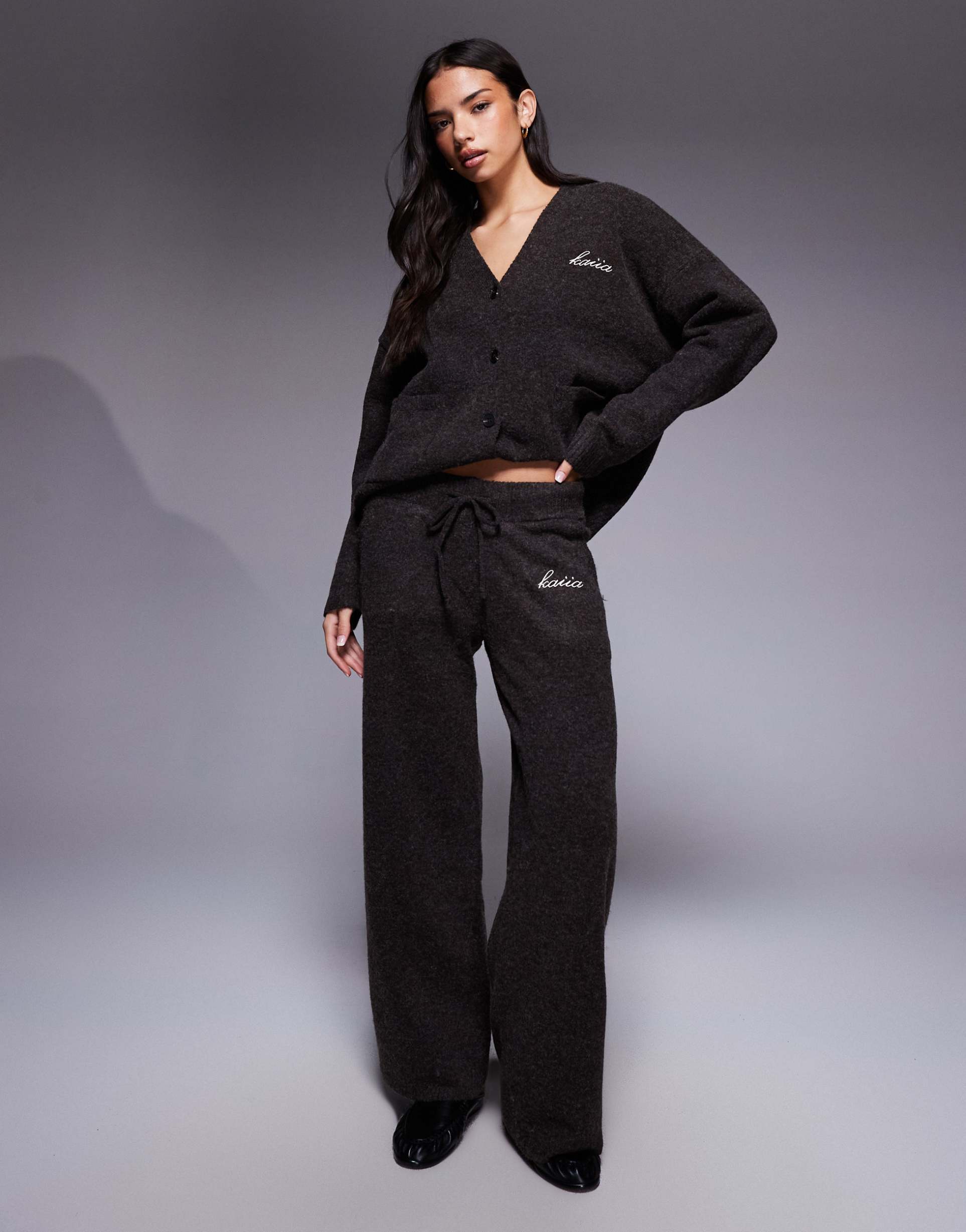 kaiia knit embroidered logo wide leg pants in brown - part of a set