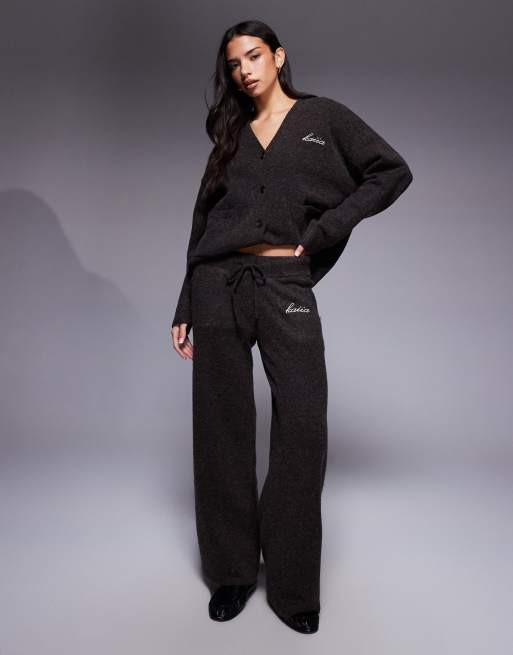 Kaiia knit embroidered logo wide leg pants in brown - part of a set, 2 of 6