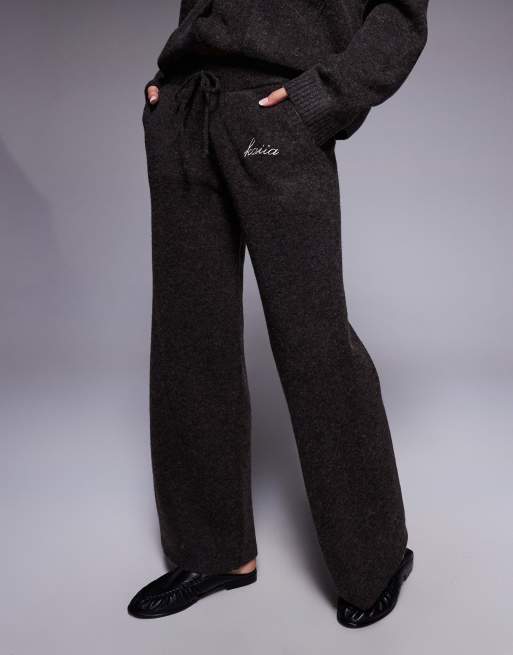 Kaiia knit embroidered logo wide leg pants in brown - part of a set, 3 of 6