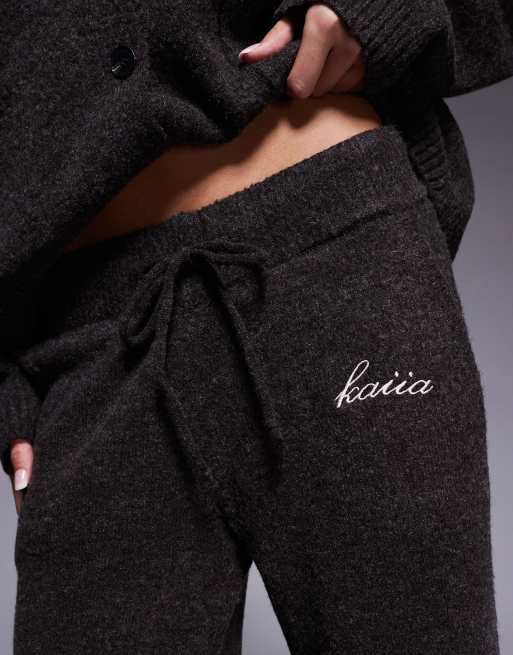Kaiia knit embroidered logo wide leg pants in brown - part of a set, 6 of 6