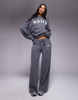 Kaiia Knit Embroidered Logo Wide Leg Pants In Blue