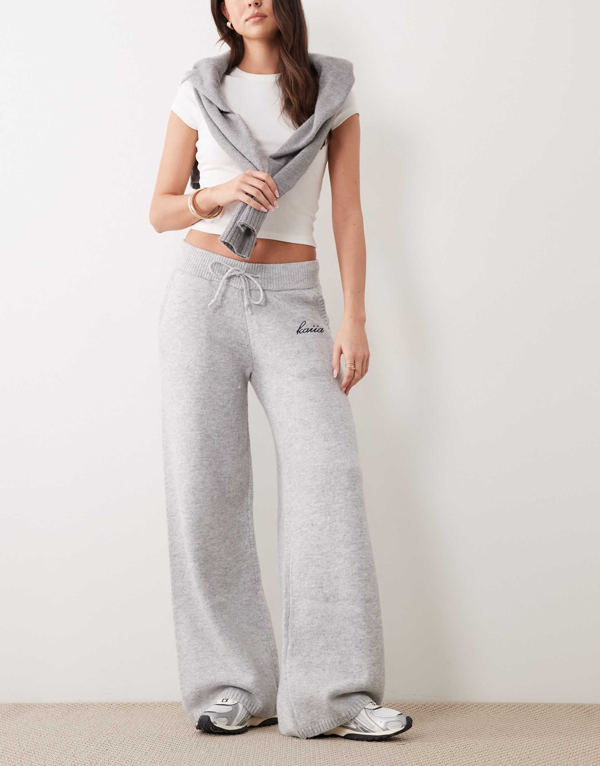 kaiia knit embroidered logo wide leg pants in light gray - part of a set