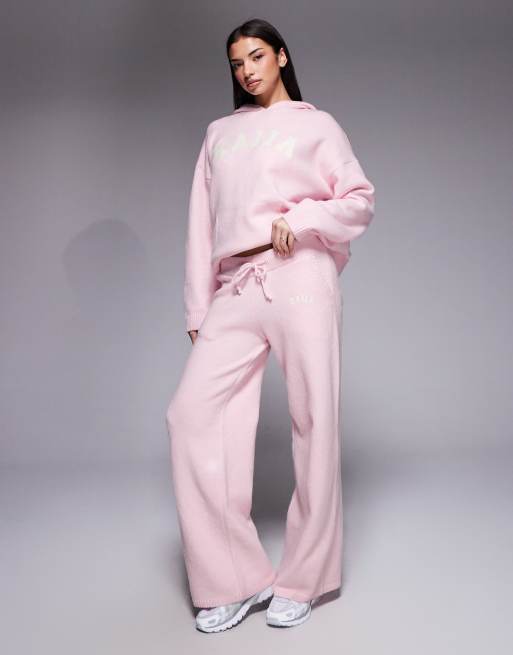Kaiia wool feel knit embroidered logo hoodie and wide leg pants set in pink, 2 of 3