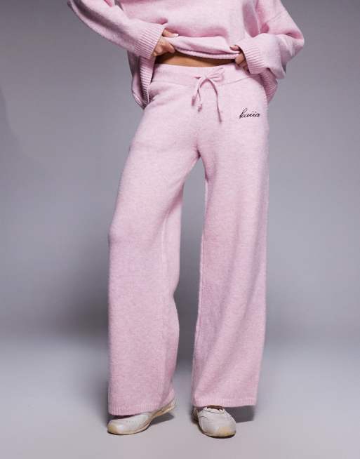 Kaiia knit embroidered logo wide leg pants in soft pink - part of a set, 4 of 6