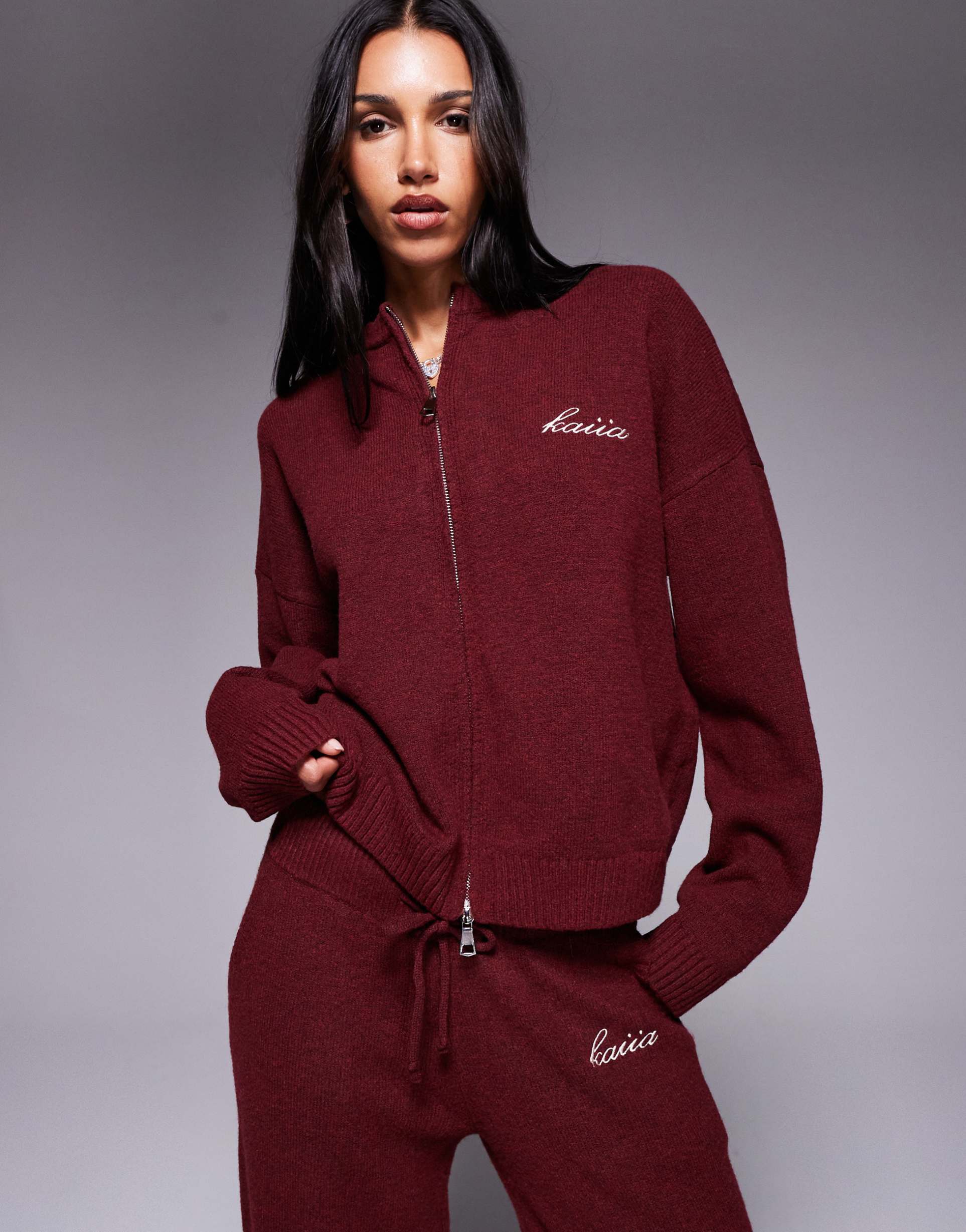 kaiia knit embroidered logo zip up sweater in cherry - part of a set