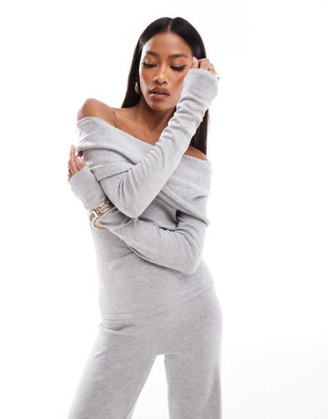 Kaiia knit foldover bardot sweater in gray - part of a set - view 1