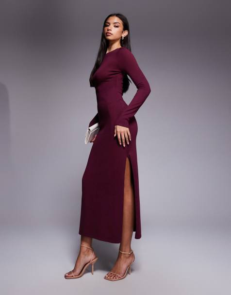 Kaiia knit slash neck long sleeve maxi dress in burgundy - view 1