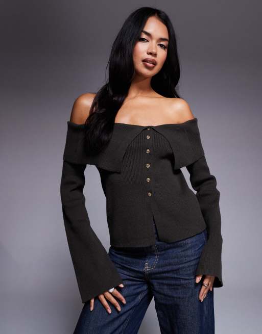 Kaiia knitted asymmetric button detail bardot flared sleeve sweater in chocolate