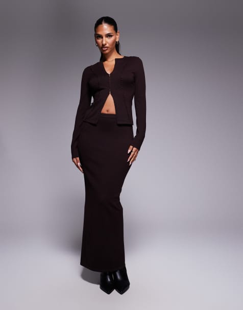 Kaiia knitted clasp detail long sleeve top and knitted maxi column skirt co-ord in brown - view 1