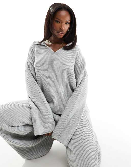 Kaiia knitted collar detail sweater in gray - part of a set