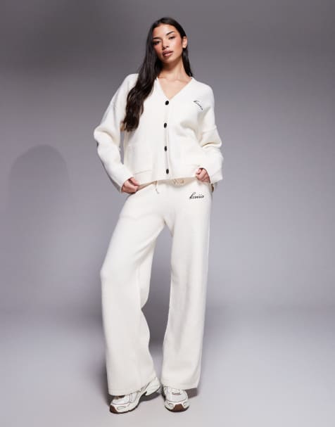 Kaiia knitted embroidered logo button through cardigan and wide leg trousers co-ord in cream - view 1