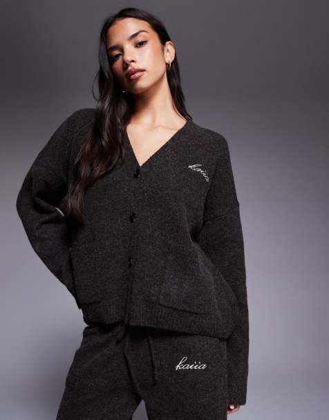 Kaiia knitted embroidered logo button through cardigan co-ord in brown - view 1