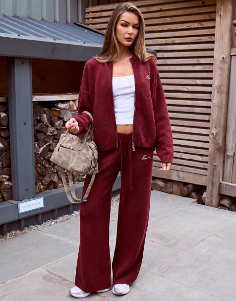 Kaiia knitted embroidered logo detail wide leg pants in cherry (Part of a set) - view 1