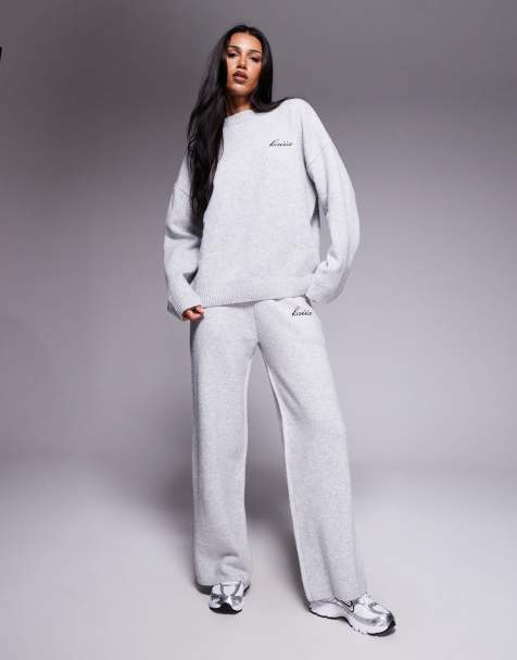 Kaiia knitted embroidered logo drop shoulder crew neck jumper and wide leg pants set in light grey - view 1