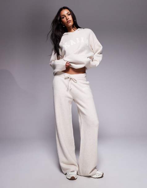 Kaiia knitted embroidered logo hoodie and wide leg pant set in oatmeal - view 1
