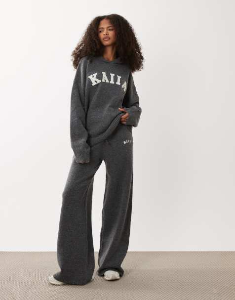 Kaiia knitted embroidered logo hoodie and  wide leg trouser co-ord in charcoal - view 1