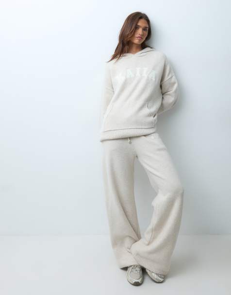 Kaiia knitted embroidered logo hoodie and wide leg trouser co-ord in oatmeal - view 1