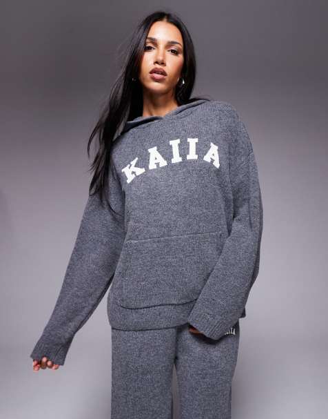 Kaiia knitted embroidered logo hoodie co-ord in charcoal - view 1
