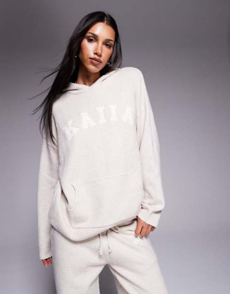 Kaiia knitted embroidered logo hoodie co-ord in oatmeal - view 1