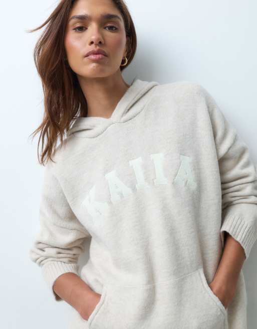 Kaiia knitted embroidered logo hoodie co-ord in oatmeal, 2 of 4