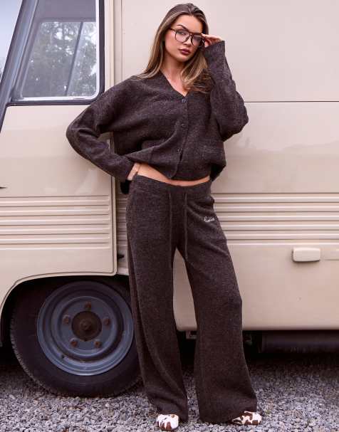 Kaiia knitted embroidered logo wide leg pants in brown (part of a set) - view 1