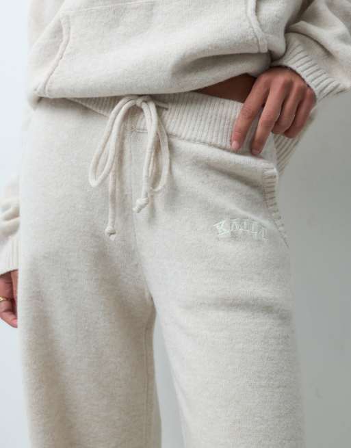 Kaiia knitted embroidered logo wide leg pants in oatmeal (part of a set), 2 of 5